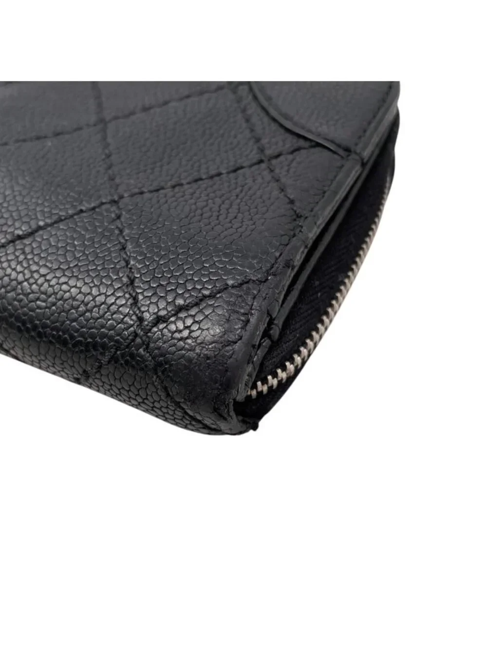 Chanel 2 Fold Wallet Wild Stitch Quilted Caviar Leather CC Logo Black Silver
